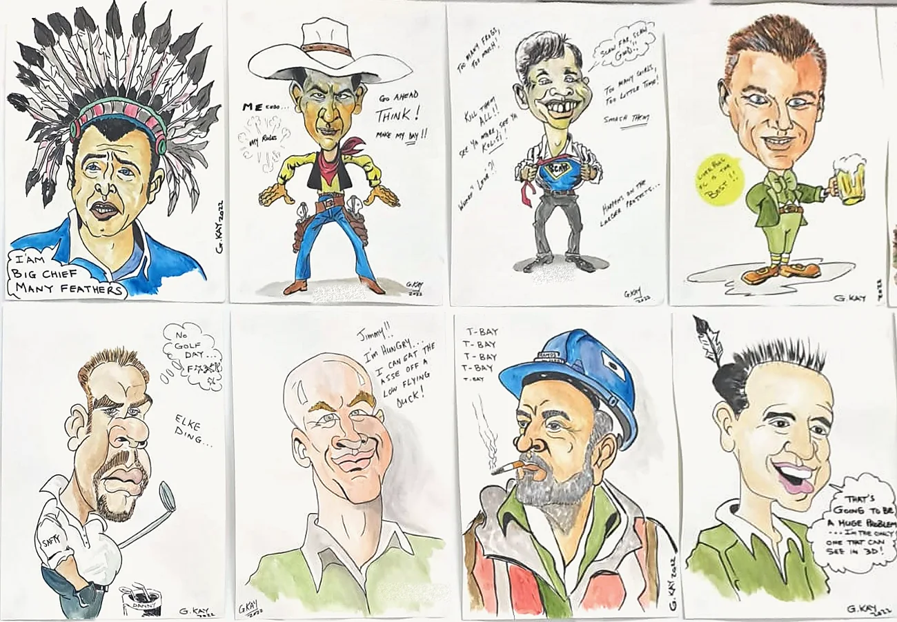 Eight watercolour caricatures pinned side by side on a wall, among them a cowboy, a golfer and a man in a feathered headdress