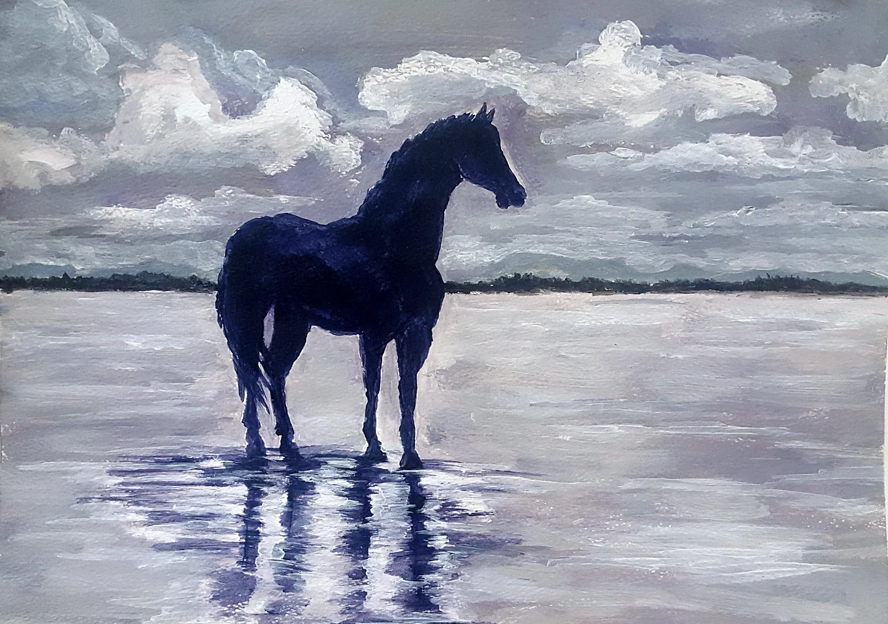 Acrylic painting of a black stallion standing in shallow water beneath grey and white clouds, its reflection stretching towards the viewer.