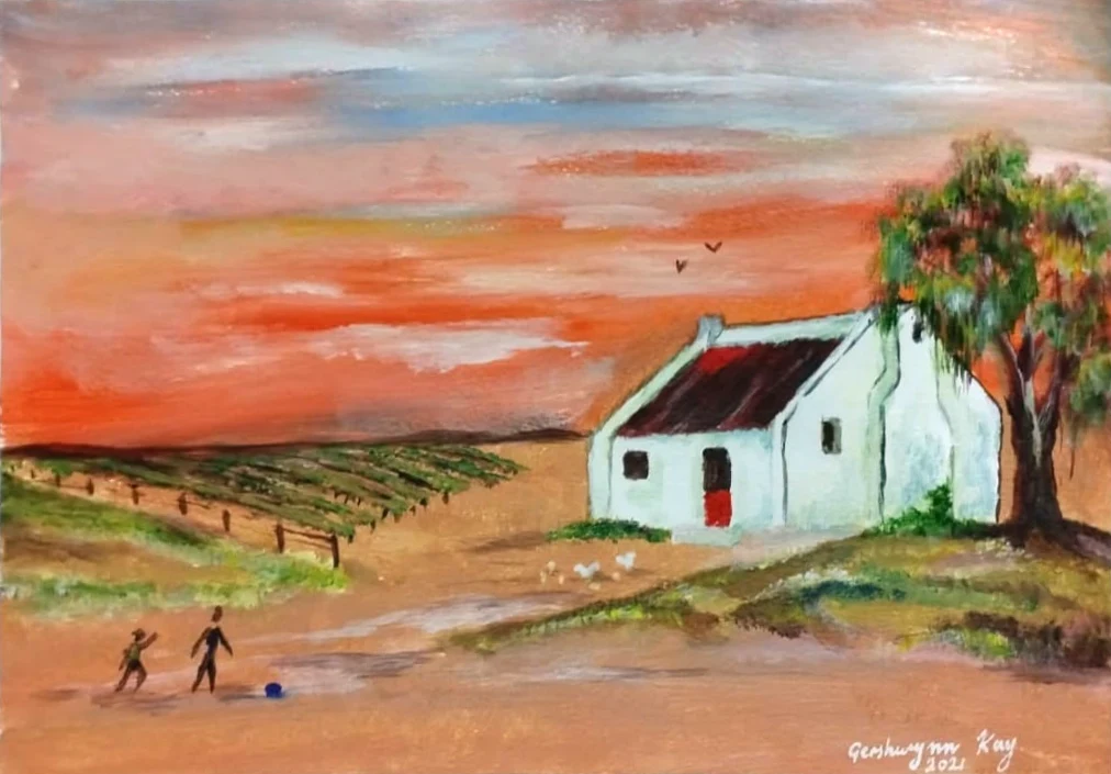Acrylic painting of a whitewashed farmhouse with a red door beside a tall tree and rows of vines, under an orange and pink sky, with two small figures and a blue ball on the bare ground in front.