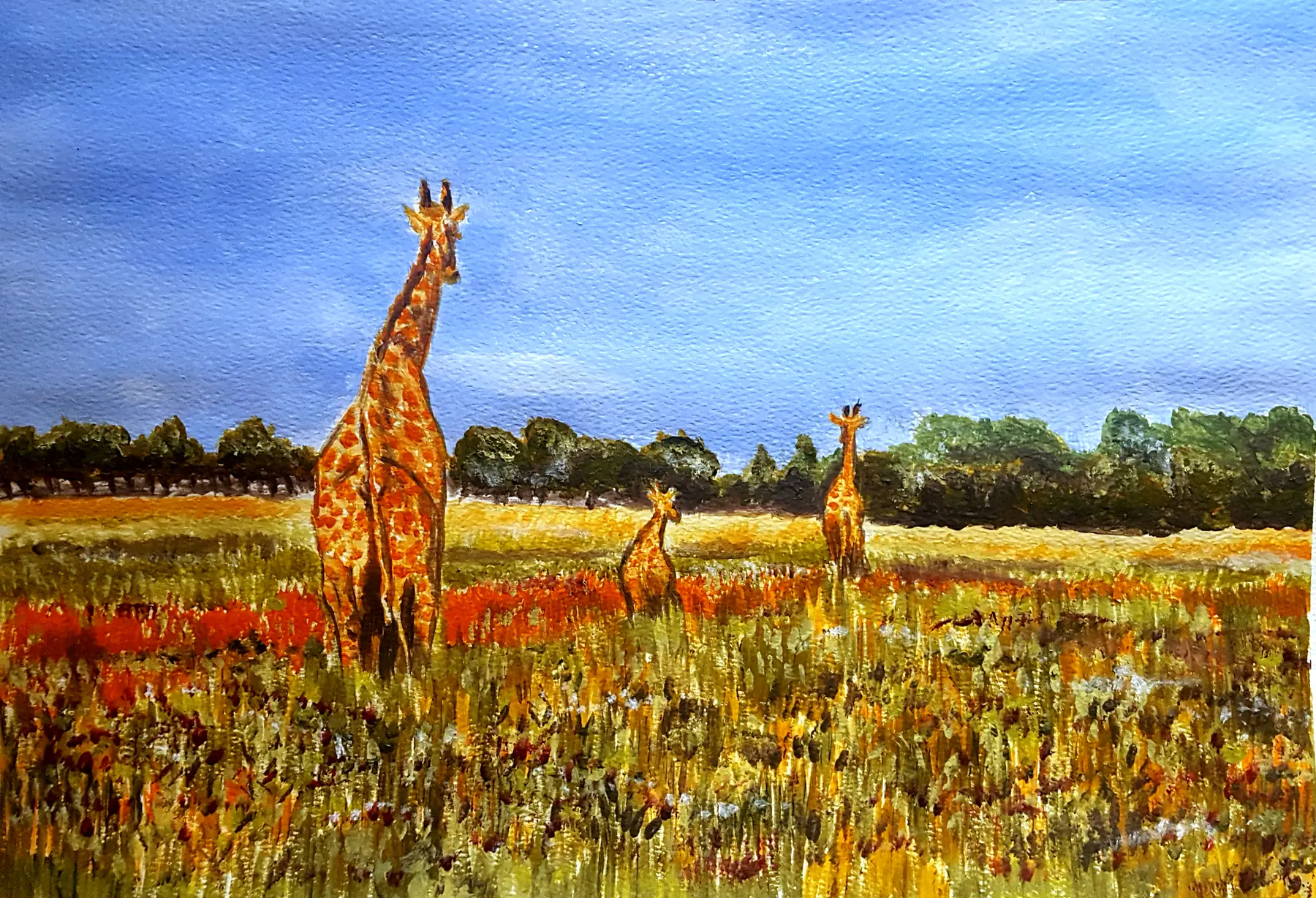 Acrylic painting of three giraffes, a tall adult in front and a young giraffe in the middle, in golden grassland beneath a blue sky with a line of green trees.