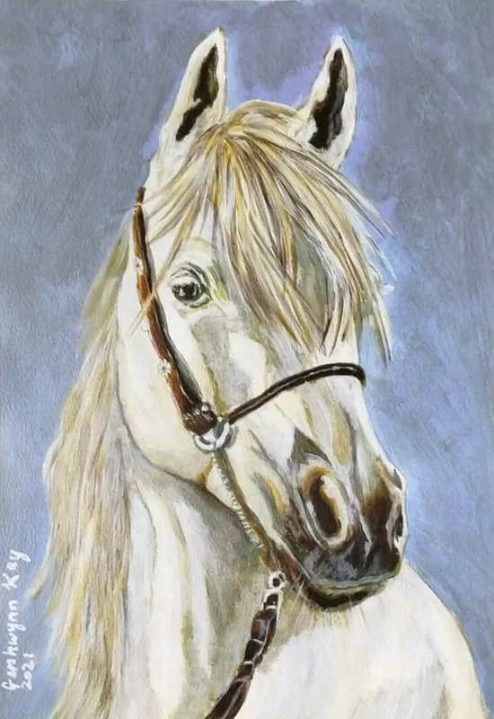 Acrylic portrait of a white horse with a long cream forelock and mane, wearing a brown leather halter, against a soft blue-grey background.