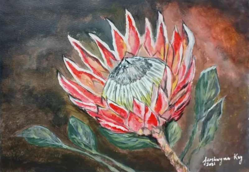 Acrylic painting of a single king protea with pink and red petals and a pale green centre, on a stem with dark green leaves, against a dark brown and rust background.