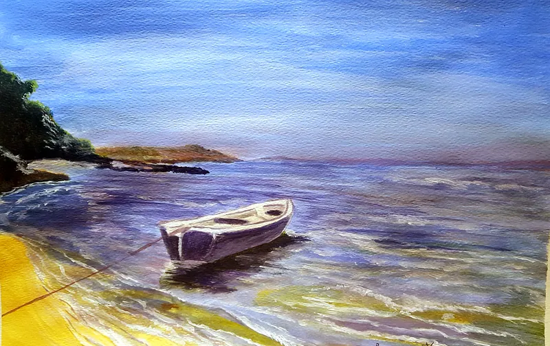 Acrylic painting of a small wooden boat tied to the shore in a calm violet-blue bay, with golden sand and a green headland on the left.