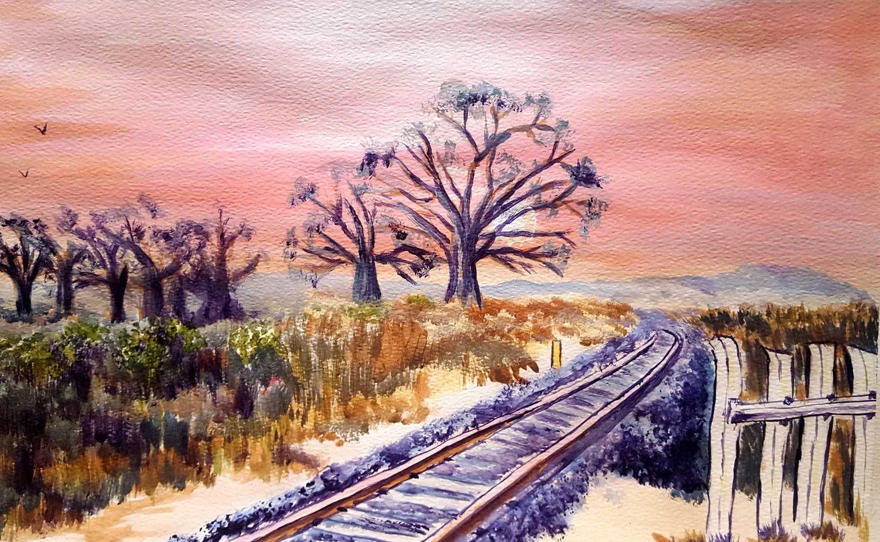 Acrylic painting of baobab trees silhouetted against a pink sunrise sky, with a railway line curving through dry bush and a wooden fence in the foreground.