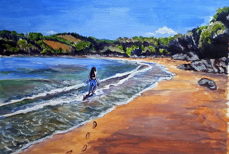 Acrylic painting of a girl walking through shallow waves on a curved orange-gold beach, leaving footprints in the sand, with green hills and a rocky headland behind.