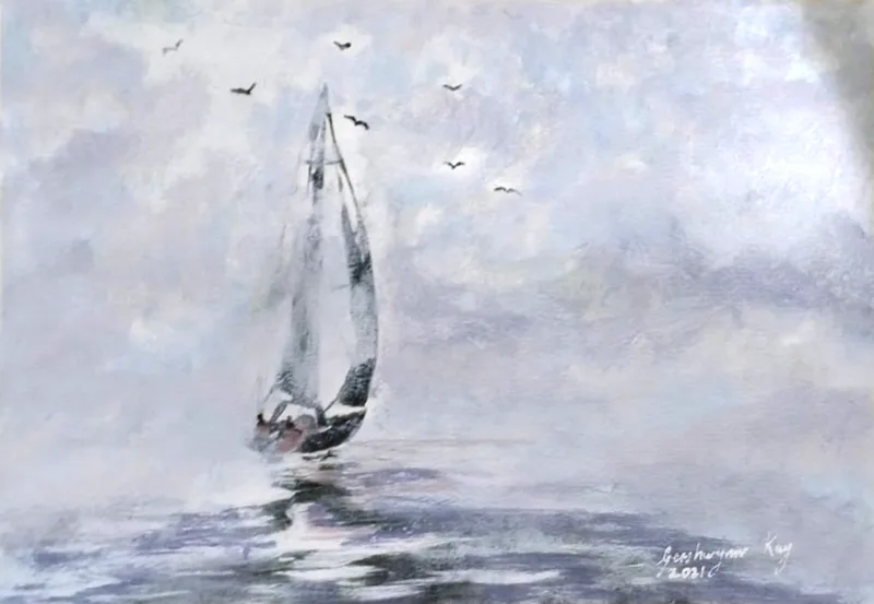Acrylic painting of a yacht under full sail leaning into the wind on a pale grey-violet sea, almost dissolving into mist, with a few birds above.