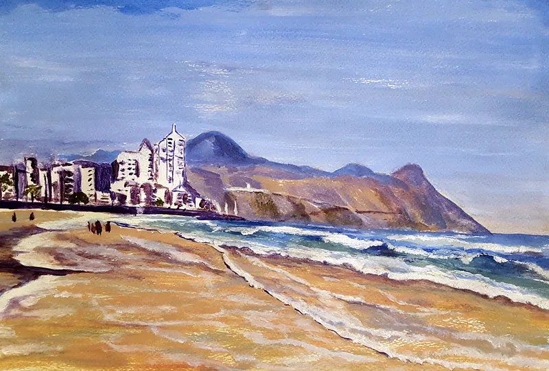 Acrylic painting of Strand beach with white beachfront buildings, rolling waves and golden sand, and the Gordon's Bay mountains behind.