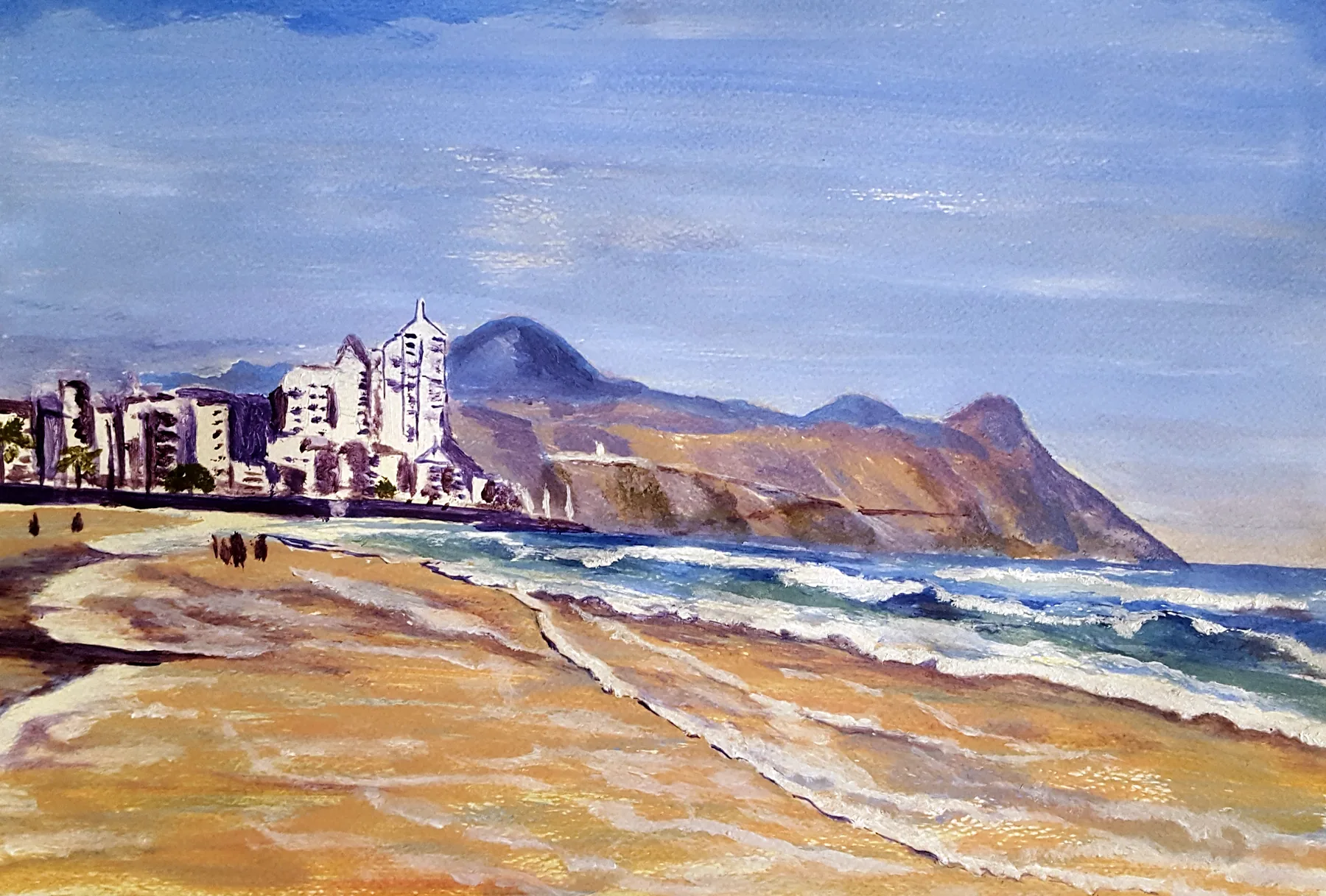 Acrylic painting of Strand beach with white beachfront buildings, rolling waves and golden sand, and the Gordon's Bay mountains behind.