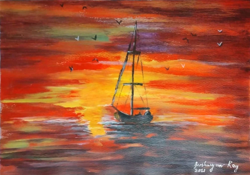 Acrylic painting of a sailing boat with its sails down, silhouetted against a low yellow sun on a sea and sky of deep red, orange and purple, with birds overhead.