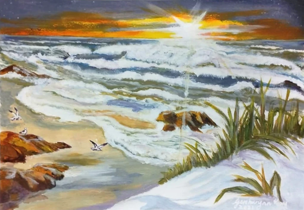 Acrylic painting of white waves rolling onto a beach with brown rocks and gulls, dune grass on pale sand in the foreground and the sun low on the horizon under a dark sky.