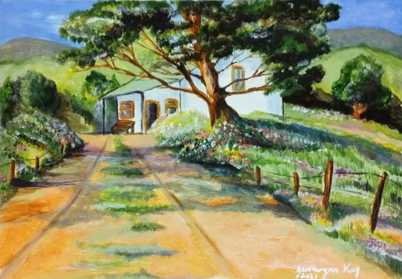 Acrylic painting of a sandy two-track road leading to a white farmhouse shaded by a large tree, with flower beds, a wire fence on wooden posts and green hills behind.