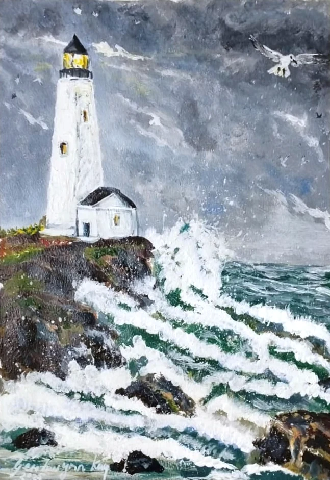 Acrylic painting of a white lighthouse and a small white cottage on a rocky headland under a dark storm sky, with green waves breaking white against the rocks and gulls in the air.