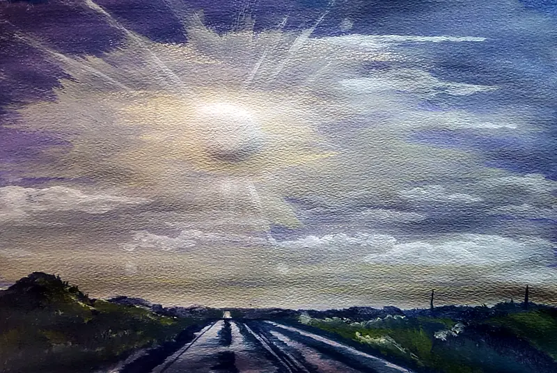 Acrylic painting of a wet, empty road running towards the horizon beneath a dramatic purple and grey sky, with the sun breaking through the clouds.