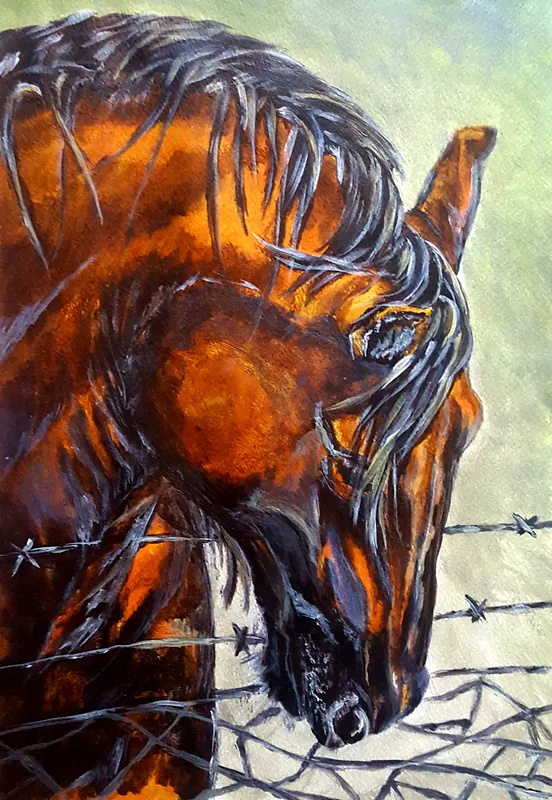 Acrylic painting of a chestnut horse with a blue-grey mane lowering its head over a barbed-wire fence, against a soft green background.