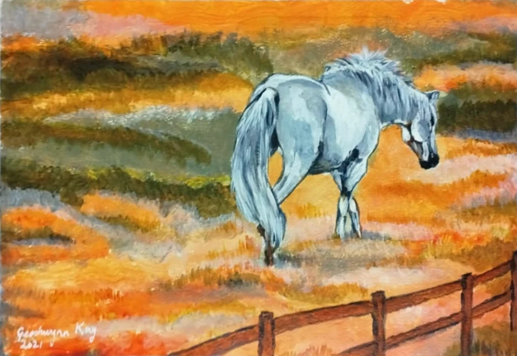 Acrylic painting of a white horse seen from behind, head lowered as it walks through orange and gold grass, with a wooden rail fence in the foreground.