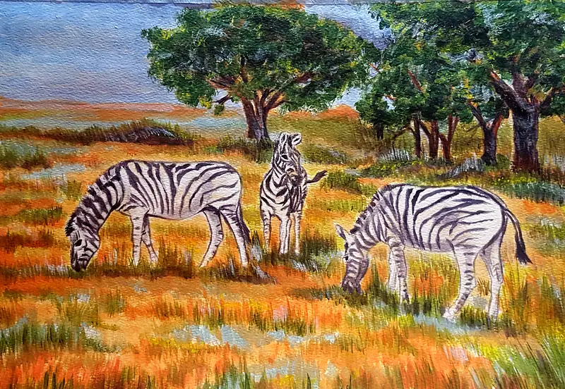 Acrylic painting of three zebras in orange and gold grassland, two grazing and one standing alert, with large green trees and a pale blue sky behind.