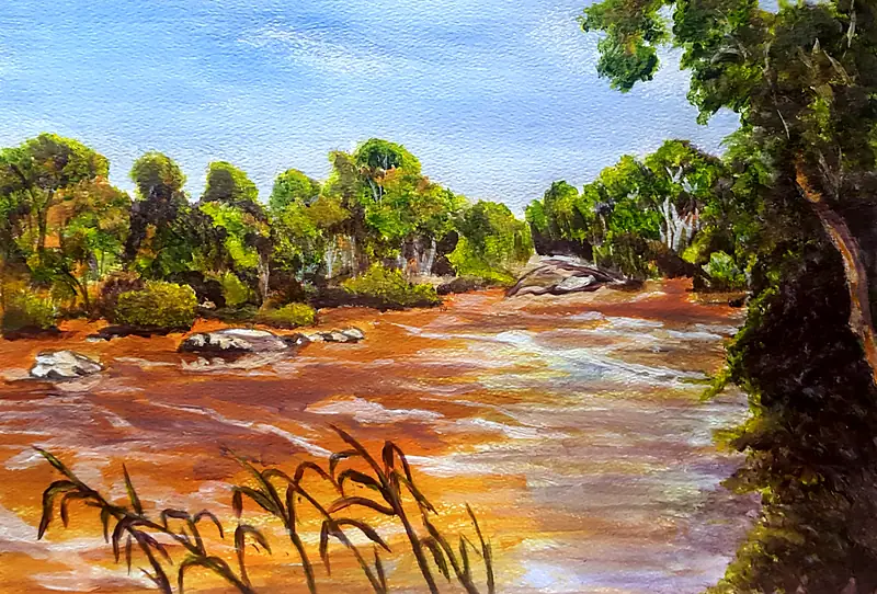 Acrylic painting of the brown, fast-flowing Vaal River with rocks mid-stream, green trees along the far bank, a large tree on the right and reeds in the foreground.